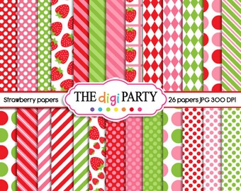 Papeles digitales de frutillas imprimible en rojo rosa y verde, fondo y patrón para manualidades como scrapbooking, uso comercial