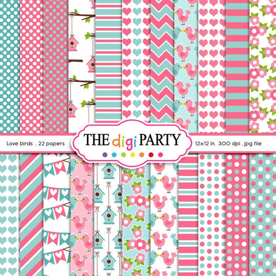 valentine's day digital paper background pattern, valentine pink and blue scrapbook printable papers, love birds theme Il_570xn