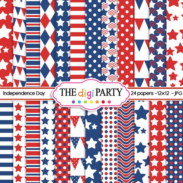 Patriotic digital paper background pattern, 4th of july scrapbook printable papers, red and blue  independence theme