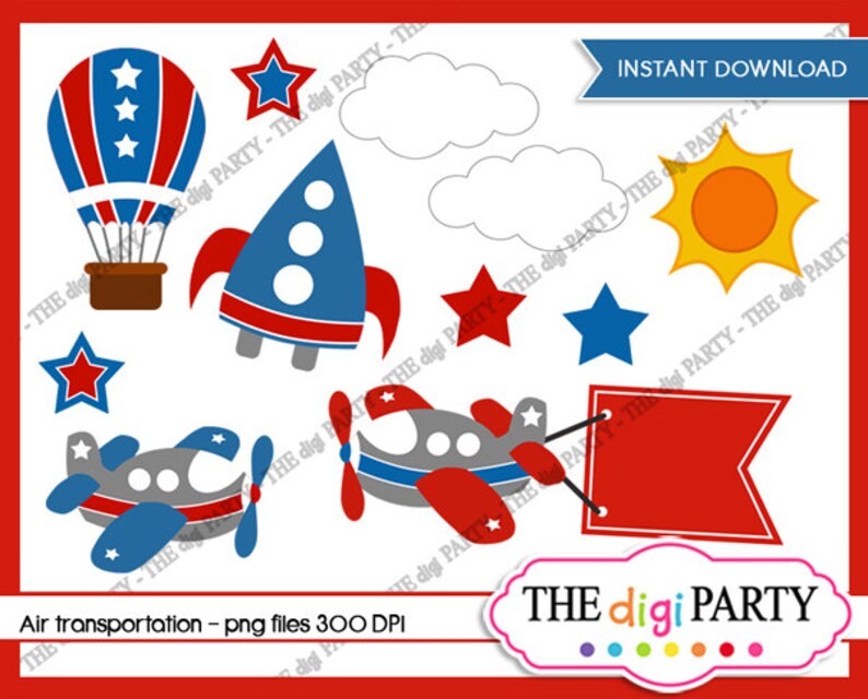 Op de afbeelding: Een set met rode, witte en blauwe clipart-afbeeldingen met een luchtballon, een raket, een vliegtuig, sterren en een banner. De afbeeldingen zijn perfect voor het maken van uitnodigingen, feestdecoraties of andere knutselprojecten.