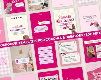 Pode incluir: Uma coleção de dez modelos Canva rosa e branco para coaches e criadores. Cada modelo apresenta texto e gráficos com títulos como "5 erros de marca pessoal" e "5 maneiras de se destacar". Os modelos são projetados para mídia social.