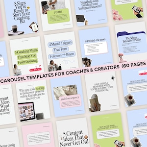 Puede incluir: Un conjunto de 9 plantillas de carrusel para coaches y creadores, con un total de 60 páginas. Las plantillas presentan fondos pastel y texto, con títulos como "8 señales de que estás listo para comenzar tu negocio de coaching" y "5 mitos de coaching que te impiden crecer".