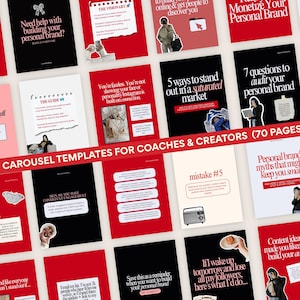 May include: A set of 10 carousel templates for coaches and creators, with 70 pages on Canva. The templates use a red, black, and white colour scheme. Text overlays provide advice on personal branding and marketing, with various fonts.
