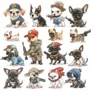 Plus de 350 adorables chiens gangsters - PNG - 300+ DPI - Non transparent - personnages de dessins animés -