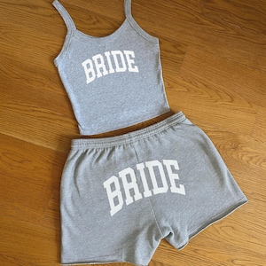 Bride Shorts and Tank Top - Bride Sweatsuit Summer Bride Outfit Pajamas Matching Sweat Set, Mrs. Wifey Bachelorette Baby Tee Crop Top