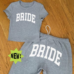 Bride Lounge Set Gift - Bridal Sweatsuit Sweat Set Loungewear, Bride Crop Top Baby Tee Sweatshirt Sweatpants, Bridesmaid Bachelorette Outfit