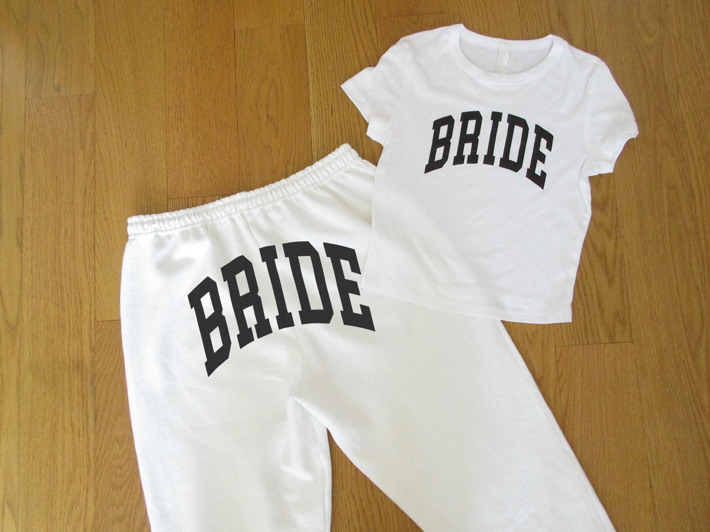 Bride Sweat Set Gift - Bridal Sweatsuit Sweat Set Loungewear, Crop Top Baby Tee Sweatshirt Hoodie Sweatpants Bachelorette Outfit