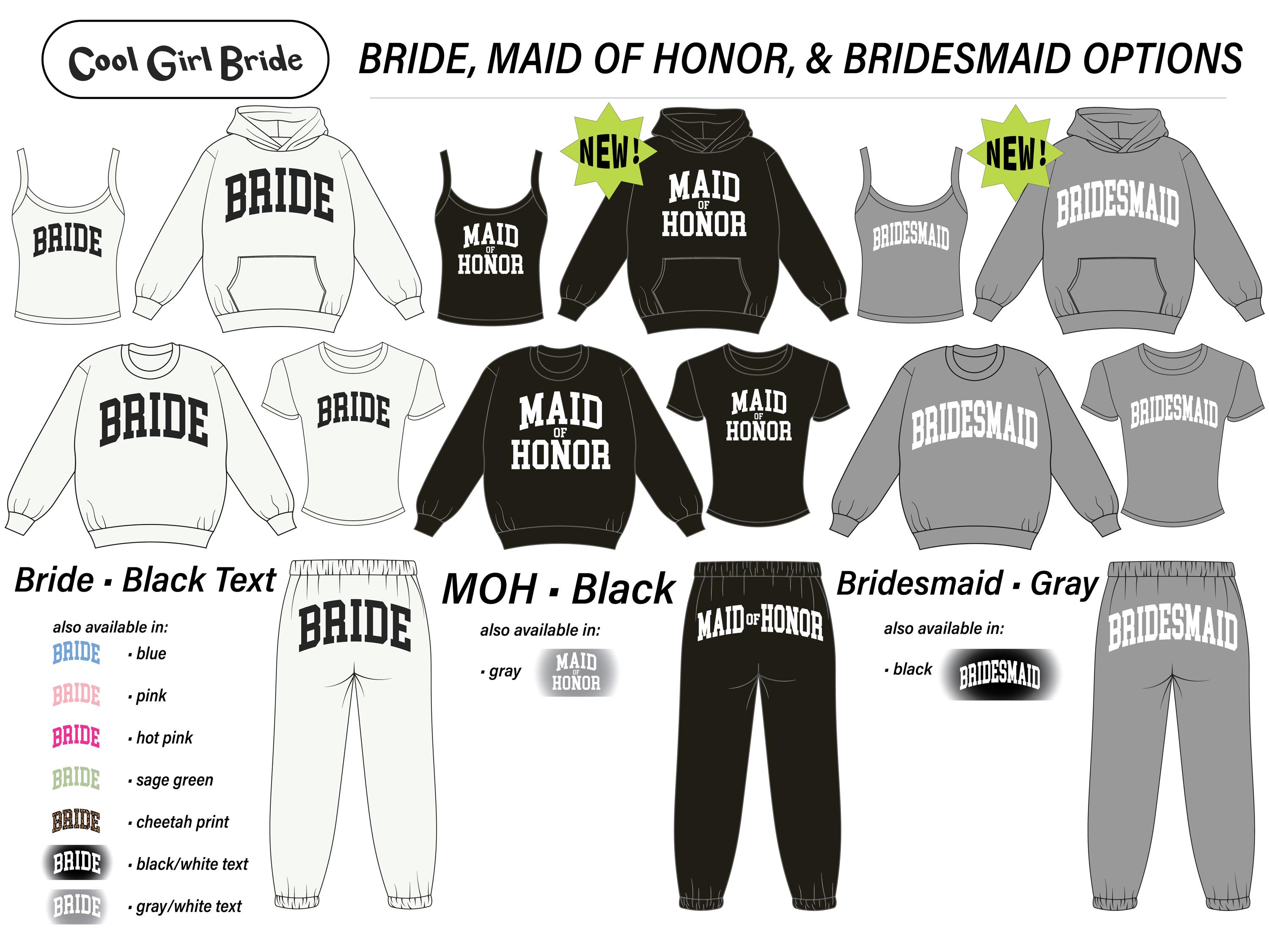 Bride Sweat Set Gift - Bridal Sweatsuit Sweat Set Loungewear, Crop Top Baby Tee Sweatshirt Hoodie Sweatpants Bachelorette Outfit