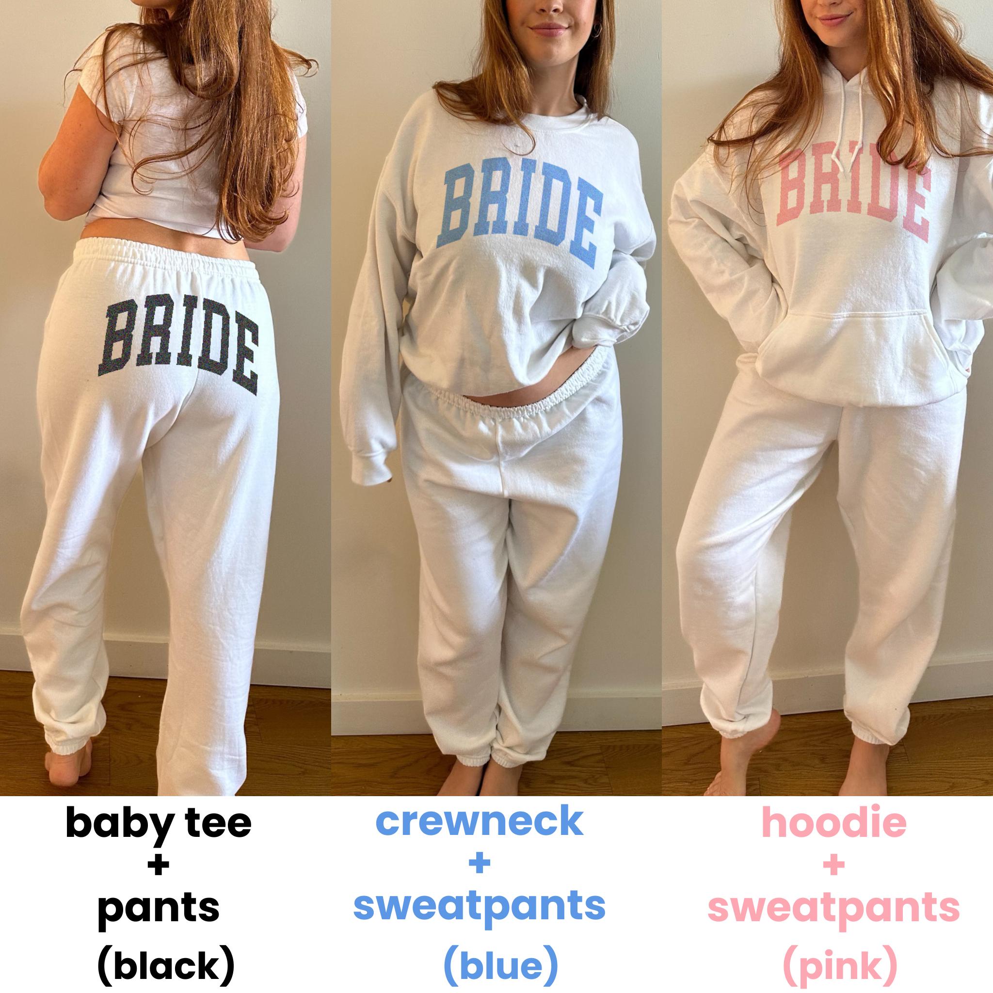Bride Sweat Set Gift - Bridal Sweatsuit Sweat Set Loungewear, Crop Top Baby Tee Sweatshirt Hoodie Sweatpants Bachelorette Outfit