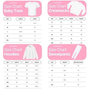 May include: Size charts for baby tees, crewnecks, hoodies, and sweatpants. The charts display measurements in inches for length, chest, width, sleeve, inseam, and relaxed waist. The text "Cool Girl Bride" is at the top of each chart.