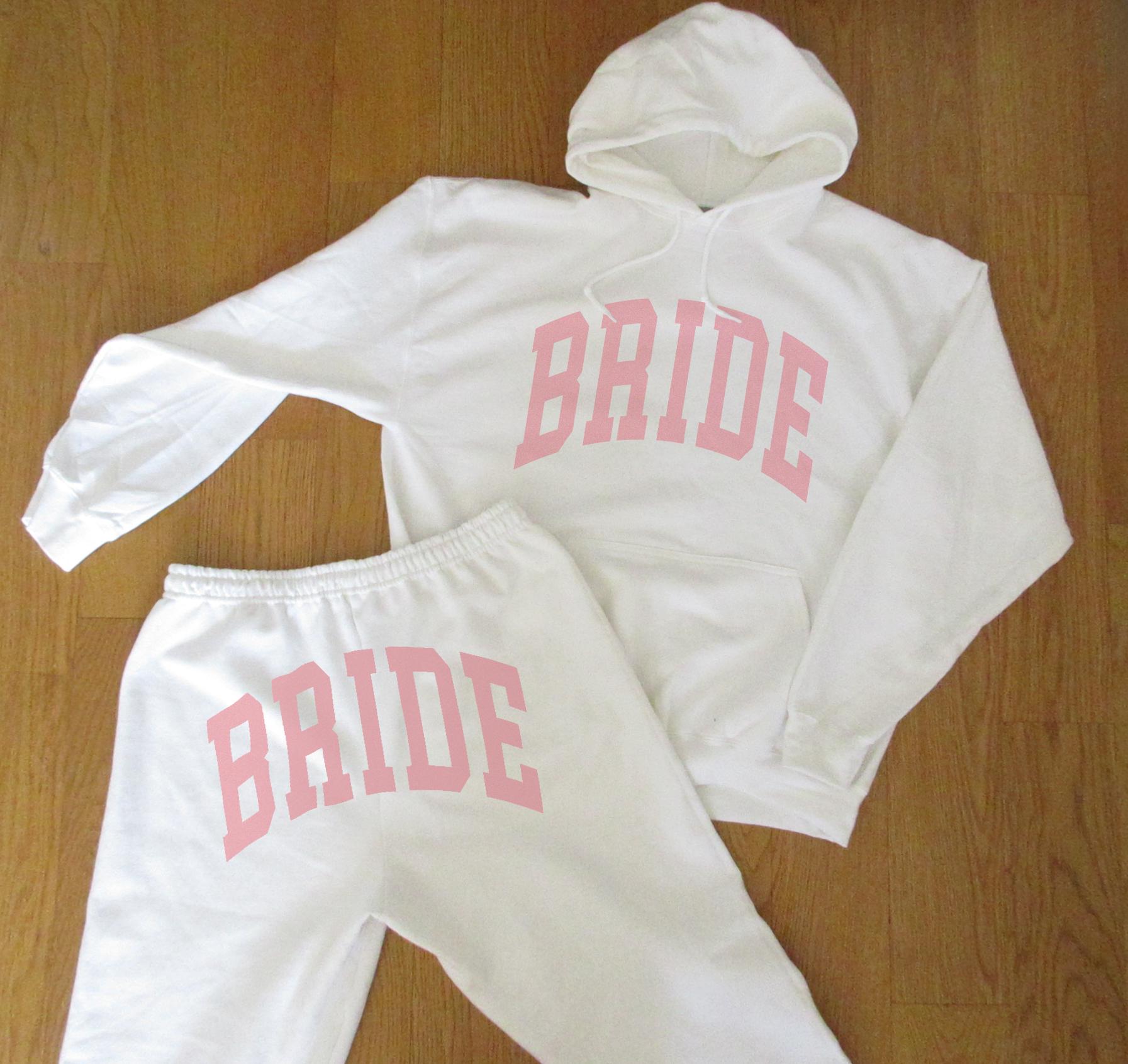 Bride Sweat Set Gift - Bridal Sweatsuit Sweat Set Loungewear, Crop Top Baby Tee Sweatshirt Hoodie Sweatpants Bachelorette Outfit