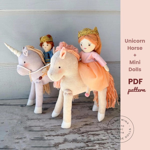 Eenhoorn en paard met prinsesminipoppen – erfstukpop, accessoires, kleding (pdf-patroon)