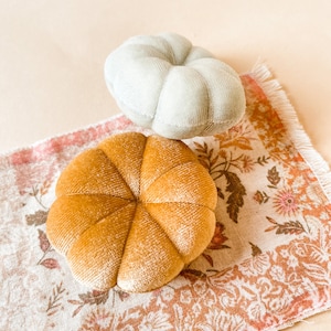 May include: Two plush, pumpkin-shaped decorations. One is a light sage green, the other is a warm golden yellow. They rest on a floral patterned fabric with a fringed edge, set against a neutral background. Decorative fall accents.
