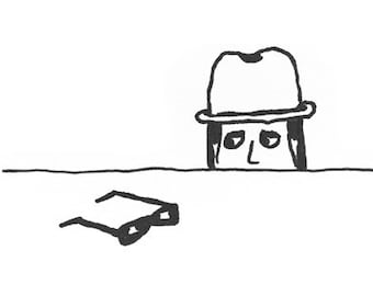 May include: A black and white line drawing of a person wearing a hat, looking over a table with a pair of glasses on the table.