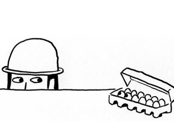 May include: A black and white line drawing of a person wearing a hat looking at a carton of eggs.