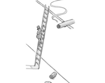 May include: A man in a top hat climbs a ladder while a cigarette burns and falls to the ground.