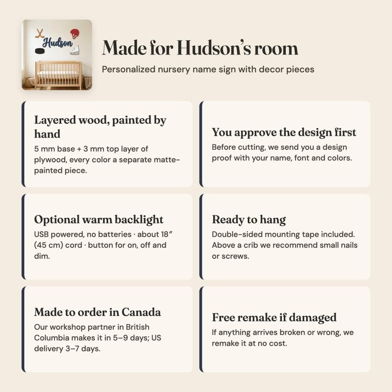 May include: A personalised nursery name sign featuring the name Hudson in script, accompanied by hockey-themed wooden decor pieces including a stick, puck, helmet, and skate. The sign is constructed from 5 mm and 3 mm layered plywood.