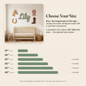 May include: A wall decor set featuring a wooden name sign reading Lily, accompanied by a horse head, horseshoe, award ribbon, and cowboy boot. A size chart displays options from 10 inches to 40 inches, noting that a standard crib is 52 inches wide.