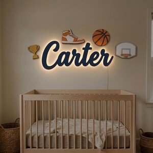 Basketball Nursery Name Sign, Personalized Layered Wood Plaque for Boys Room with Hoop, Sneaker and Trophy, New Baby Gift Bild 3