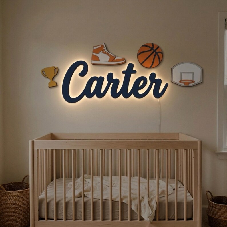 Basketball Nursery Name Sign, Personalized Layered Wood Plaque for Boys Room with Hoop, Sneaker and Trophy, New Baby Gift Bild 3