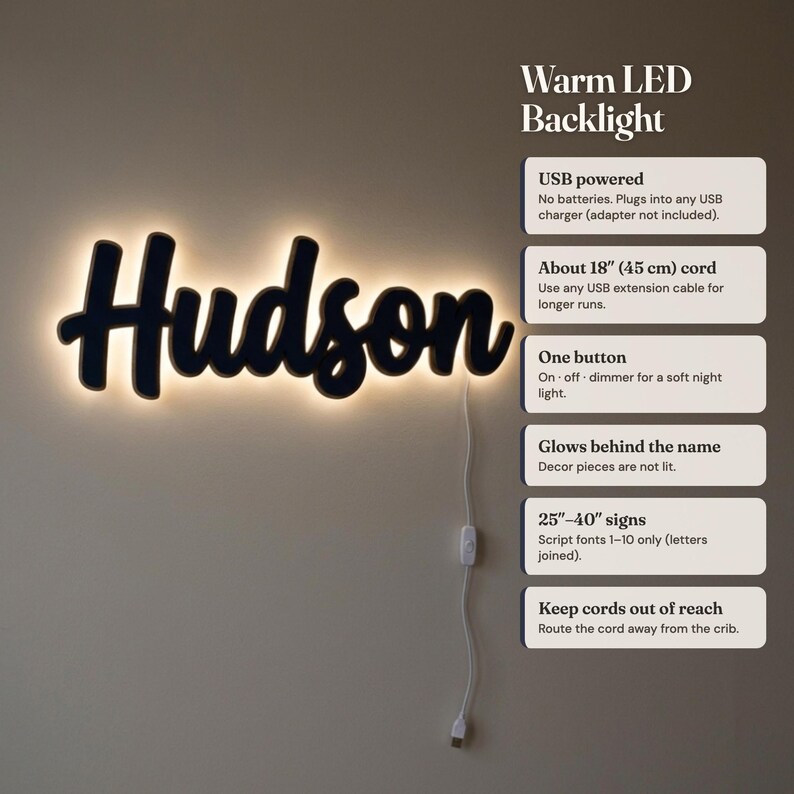 May include: A black script sign displaying the name Hudson with a warm LED backlight. The sign includes a white USB power cord with a single button for on, off, and dimmer functions. Text on the right details features like USB power and 45 cm cord.