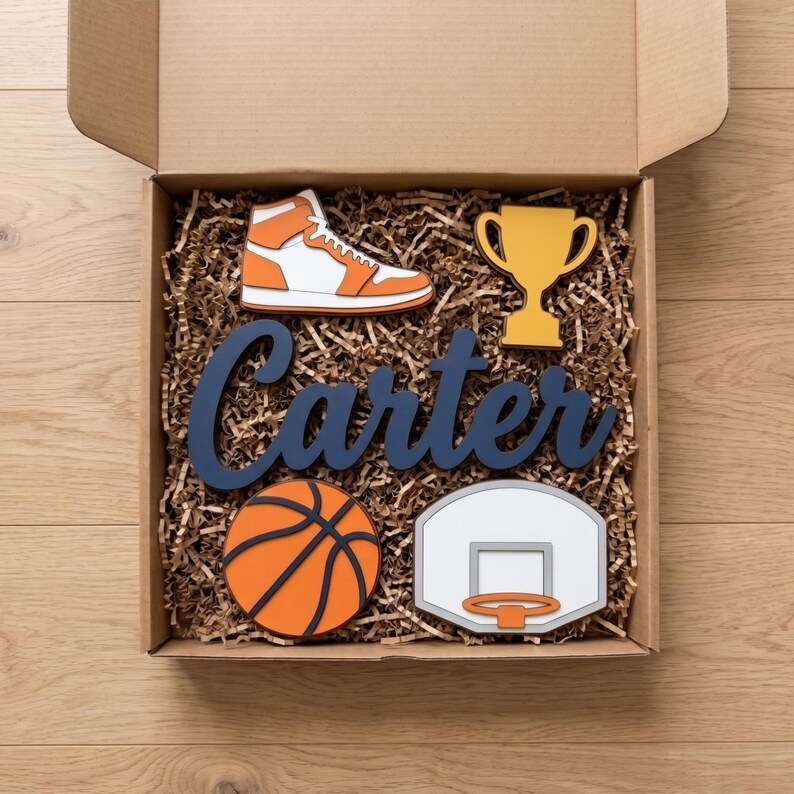 Basketball Nursery Name Sign, Personalized Layered Wood Plaque for Boys Room with Hoop, Sneaker and Trophy, New Baby Gift Bild 4