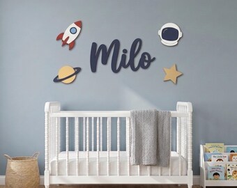 Space Nursery Name Sign, Personalized Wooden Baby Boy Name Plaque with Rocket, Planet and Astronaut, Outer Space Wall Decor