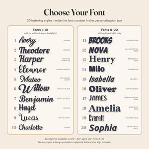 May include: A font selection chart titled Choose Your Font, displaying 20 numbered lettering styles. Fonts 1-10 are script styles with optional warm backlight, while fonts 11-20 are bold, non-backlit styles. Each entry includes a name example.