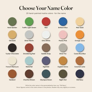 May include: A color chart titled Choose Your Name Color displaying 25 circular paint swatches in matte finishes. Each circle is labeled with names like Herb Garden, Red, Ultra White, and Old Navy, providing a palette for custom name decor.