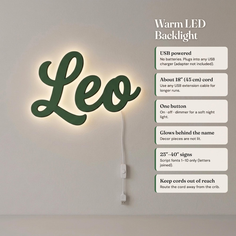 May include: A dark green script sign displaying the name Leo with a warm LED backlight. The sign includes a white USB power cord with a single button for on, off, and dimmer functions. Text on the right details features like USB power, a 45 cm cord, and 25-40 inch sign sizes.