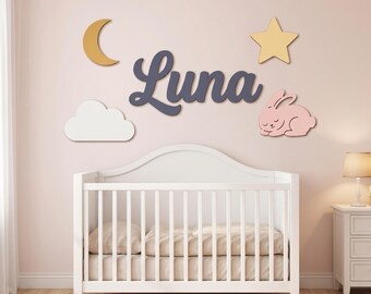 Moon and Stars Nursery Name Sign, Personalized Wooden Baby Girl Name Plaque with Moon, Cloud, Star and Bunny, Celestial Wall Decor