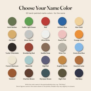 May include: A colour chart titled Choose Your Name Colour featuring 25 circular swatches of hand-painted matte colours with labels including Herb Garden, Traffic Light Green, Red, Brilliant Blue, Moir Gold, Old Gold, Silver Marlin, Ultra White, Pearly Pink, Orange Juice, Tucker Chocolate, Smoldering Red, Saddle Soap, Silver Fox, Costa Rica Blue, French Manicure, Waterfall, Nightfall, English Ochre, Caramel Latte, Tandoori, Charlton Brown, Olympus Green, Night Owl, and Old Navy.