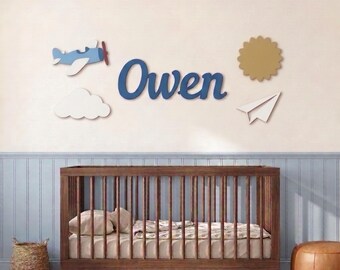 Airplane Nursery Name Sign, Personalized Wooden Baby Boy Name Plaque with Plane, Cloud, Sun and Paper Plane, Aviation Wall Decor