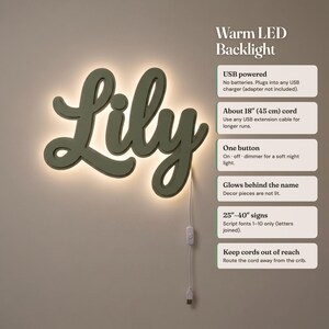 May include: A sage green wall sign displaying the name Lily in a cursive script font with a warm LED backlight. The sign includes a white power cord with a single button for on, off, and dimmer functions, and a USB connector for power.