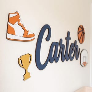Basketball Nursery Name Sign, Personalized Layered Wood Plaque for Boys Room with Hoop, Sneaker and Trophy, New Baby Gift Bild 2