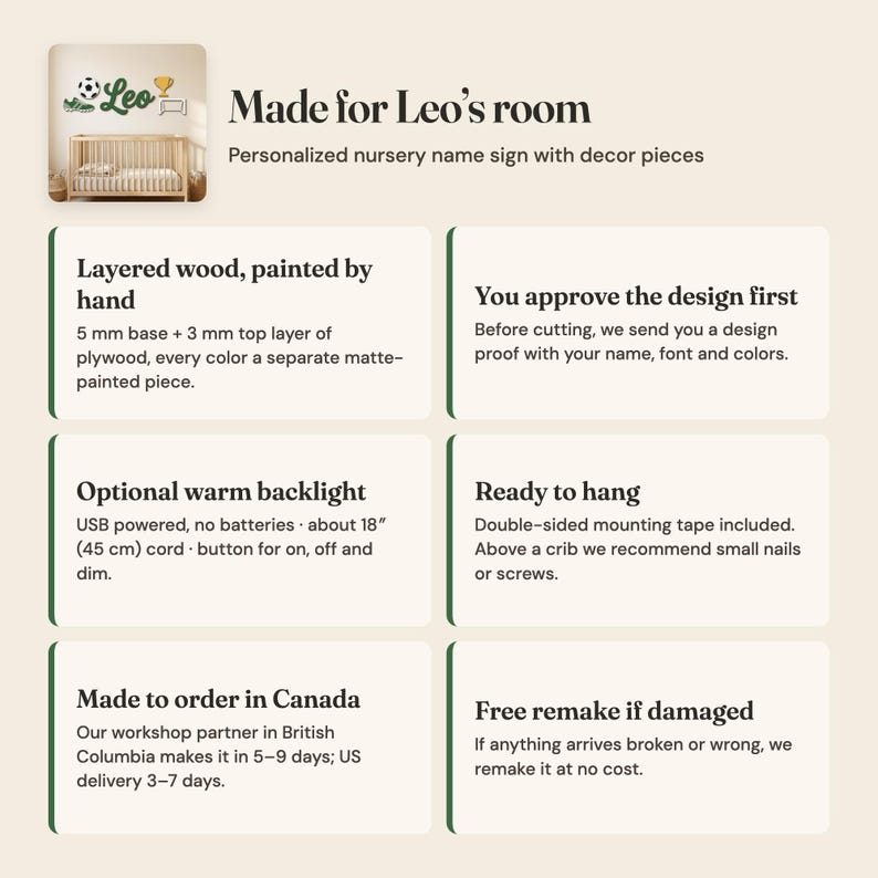 May include: A personalized nursery name sign featuring the name Leo in green script, accompanied by wooden decor pieces including a soccer ball, a gold trophy, a green sneaker, and a soccer goal, all displayed above a wooden crib.