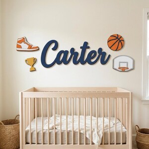 Basketball Nursery Name Sign, Personalized Layered Wood Plaque for Boys Room with Hoop, Sneaker and Trophy, New Baby Gift Bild 1