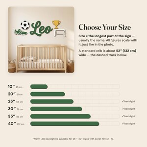 May include: A wall sign set featuring the name Leo in green script, a soccer ball, a green cleat, a gold trophy, and a white soccer goal. A size chart displays options from 10 inches to 40 inches, noting that a standard crib is 52 inches wide.