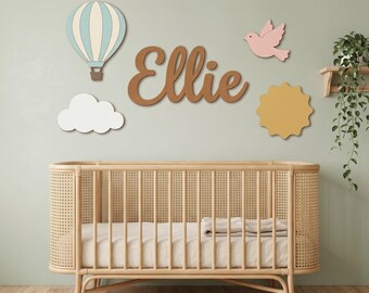 Hot Air Balloon Nursery Name Sign, Personalized Wooden Baby Name Plaque with Balloon, Cloud, Bird and Sun, Adventure Wall Decor