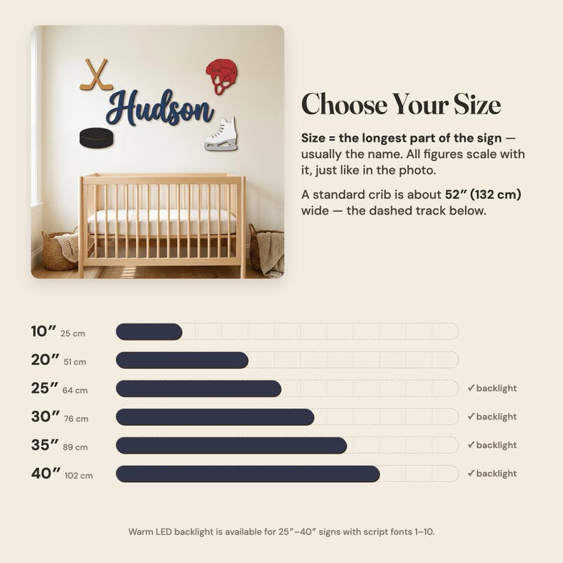 May include: A wall-mounted wooden name sign reading Hudson in dark blue script, accompanied by a brown hockey stick, a red helmet, a black puck, and a white ice skate. A size chart displays options from 25 cm to 102 cm in length.