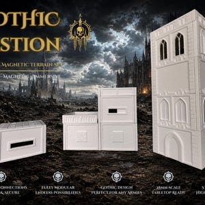 Könnte beinhalten: Ein weißes, modulares magnetisches Geländeset mit der Aufschrift GOTHIC BASTION, bestehend aus einem hohen Turm mit Bogenfenstern und mehreren kleineren rechteckigen Wandabschnitten mit horizontalen Schlitzen für 28mm Tabletop-Spiele.