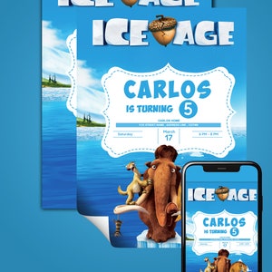 Invitación de cumpleaños editable de ICE AGE, Invitación de fiesta para niños y niñas, Tarjeta de cumpleaños para niños, Descarga digital, Invitación imprimible,