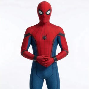 May include: A Spider-Man costume in red and blue. The suit features a web pattern on the red areas and blue sections on the torso and legs. The mask has white eye lenses, and the Spider-Man emblem is on the chest.