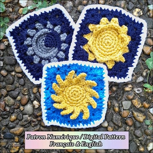 Crochet Pattern Granny Square Celestial Bodies, Moon Sun and Star, PDF Pattern, French & English