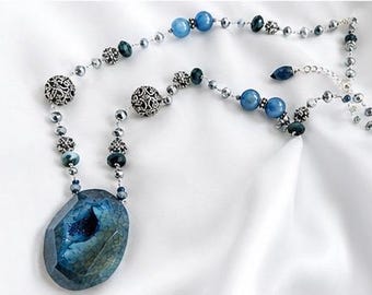 Blue Veined - Druzy Necklace - Sterling Silver Necklace - Pendant Necklace - Everyday Jewelry -  Resort Jewelry - Pyrite Jewelry