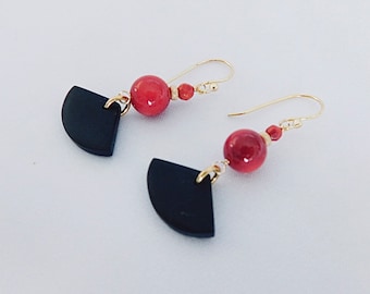 Black Earrings - Red Earrings - Black and Red Earrings - Coral Earrings - Onyx Earrings - Red Coral Jewelry - Black Jewelry
