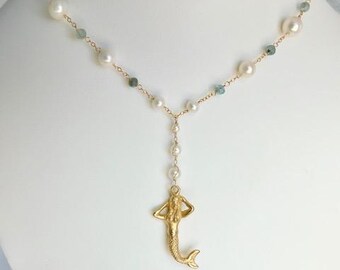 Mermaid Pendant Necklace - Pearl Necklace - Aquamarine Necklace - Gold Necklace