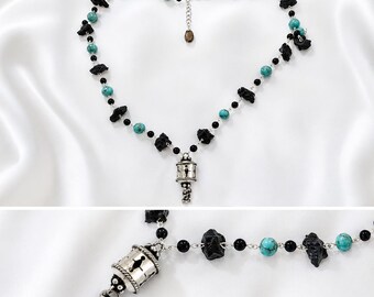 Turquoise Necklace - Beaded Necklace - Black Onyx Necklace - Sterling Silver Necklace -  Aqua and Black Necklace - Pendant Necklace