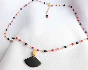 Red Coral and Black Onyx Pendant Necklace.