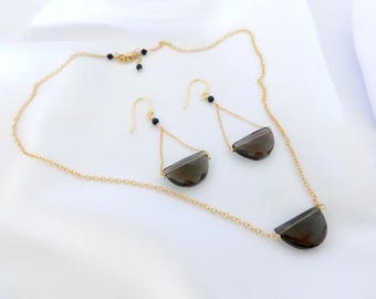 Necklace Set - Black Quartz - Black Onyx  - Black Earrings - Black Necklace - Wedding Jewelry - Dangle Earrings
